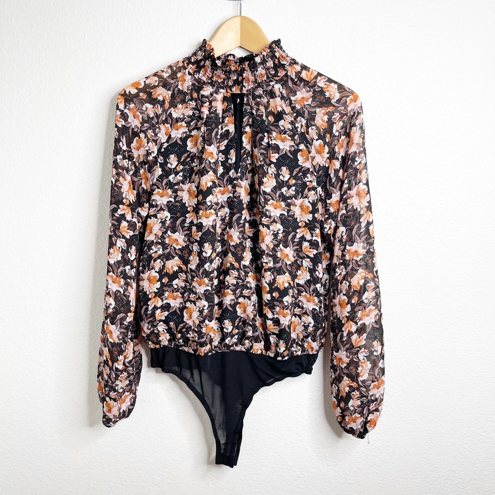 Lush Womens Floral Smocked High Neck Keyhole Long Sleeve Bodysuit Small Black